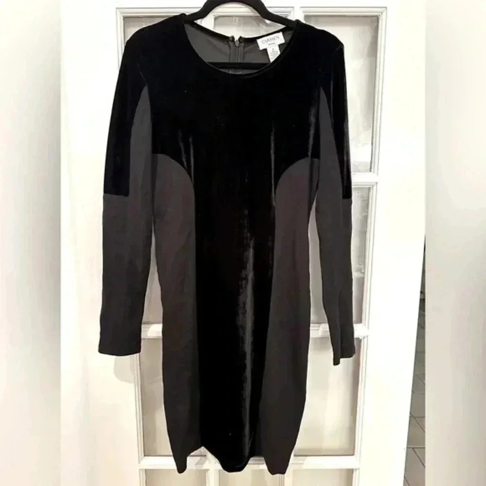 Vintage Carmen Marc Valvo Black Velvet Cocktail Whimsigoth Midi Dress Size 6 S